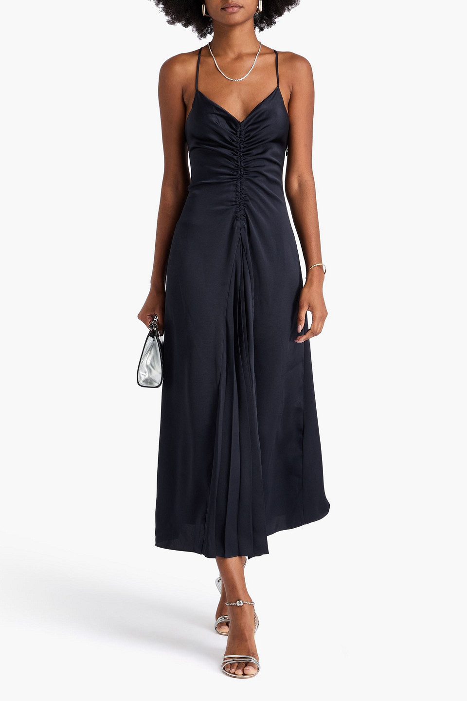  Sandro - Maxikleid Aus Glänzendem Twill Mit Raffungen - Blau - Fr 40 