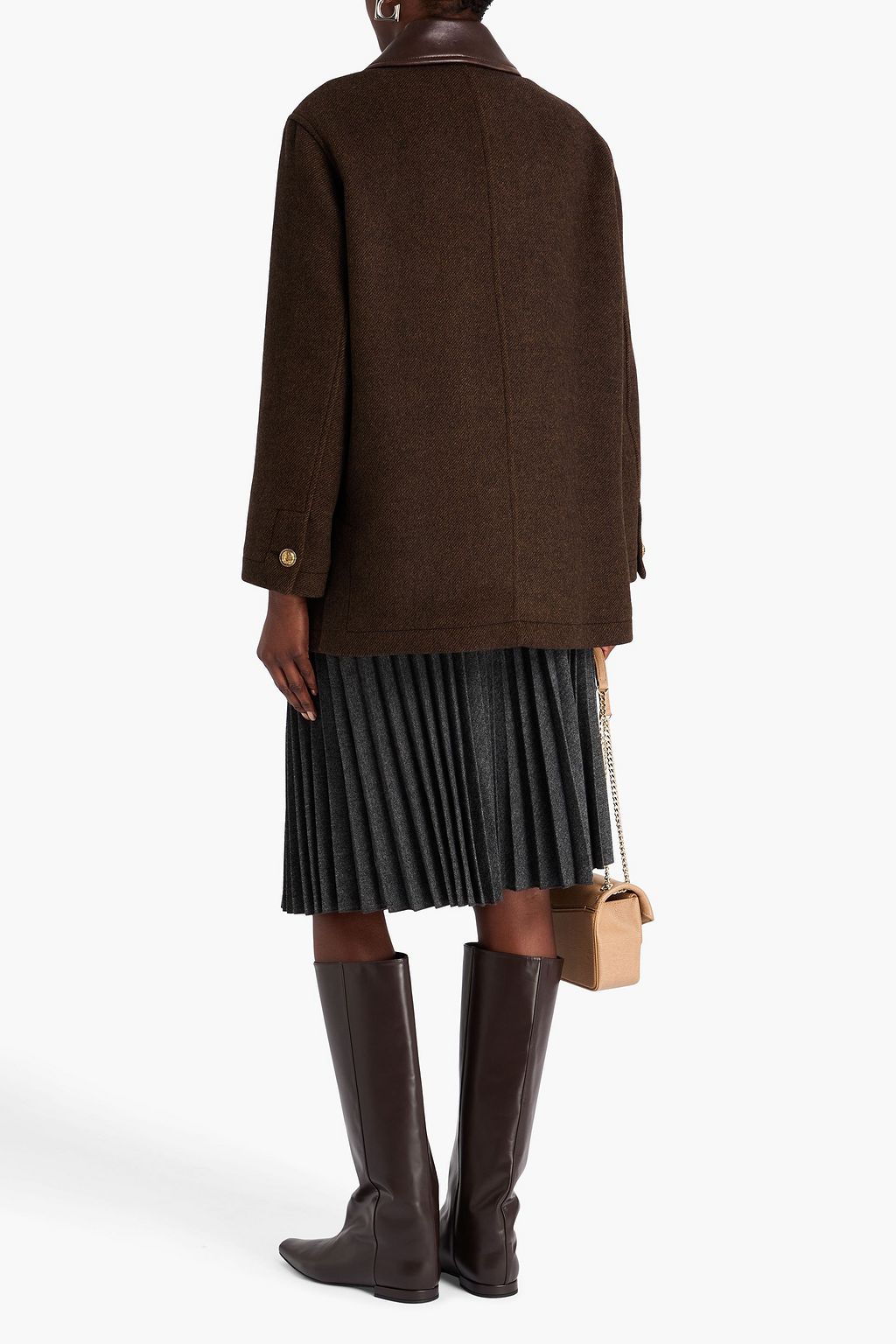 SANDRO Leather-trimmed wool-blend twill coat