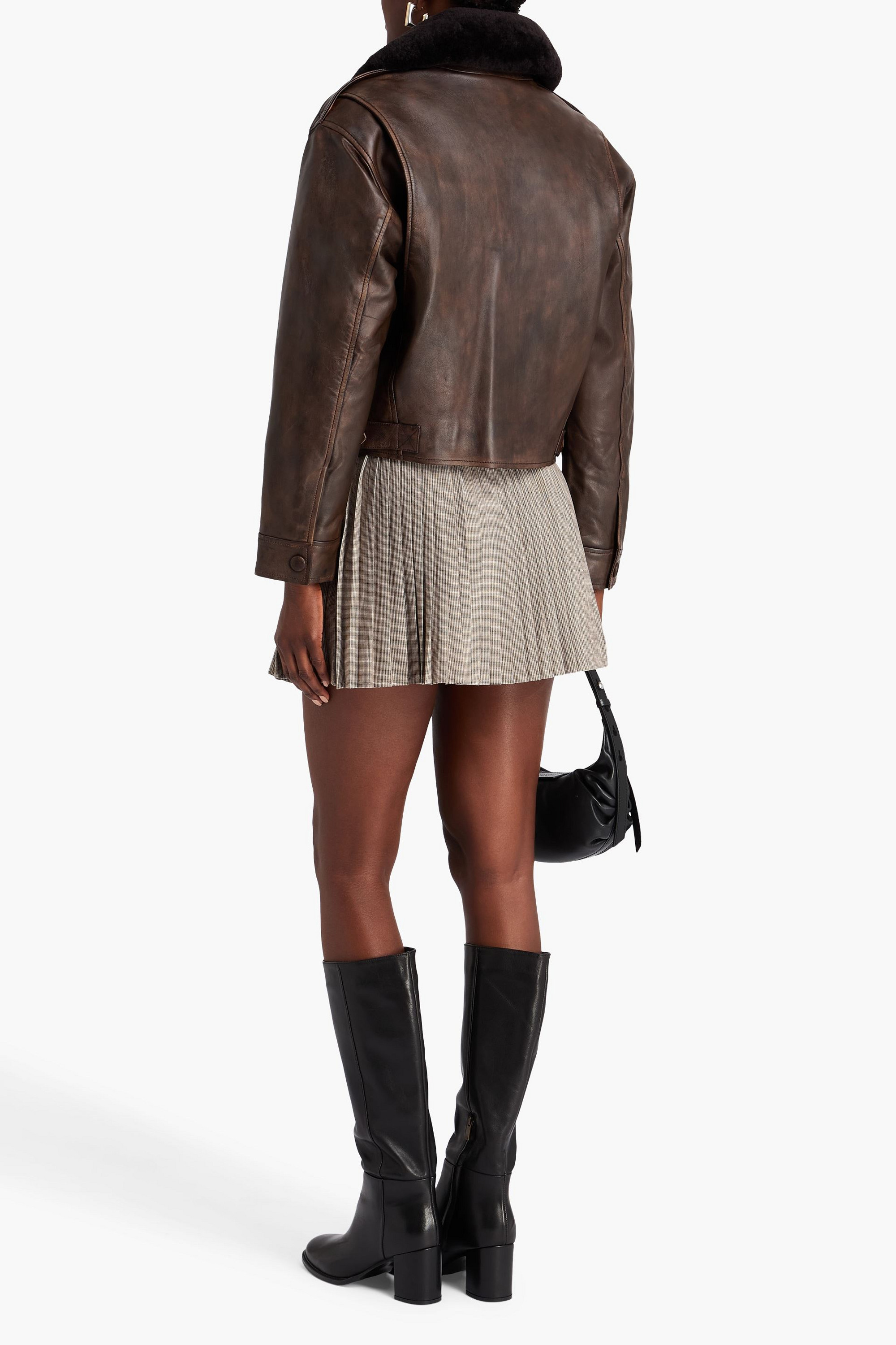 SANDRO Shearling-trimmed leather jacket
