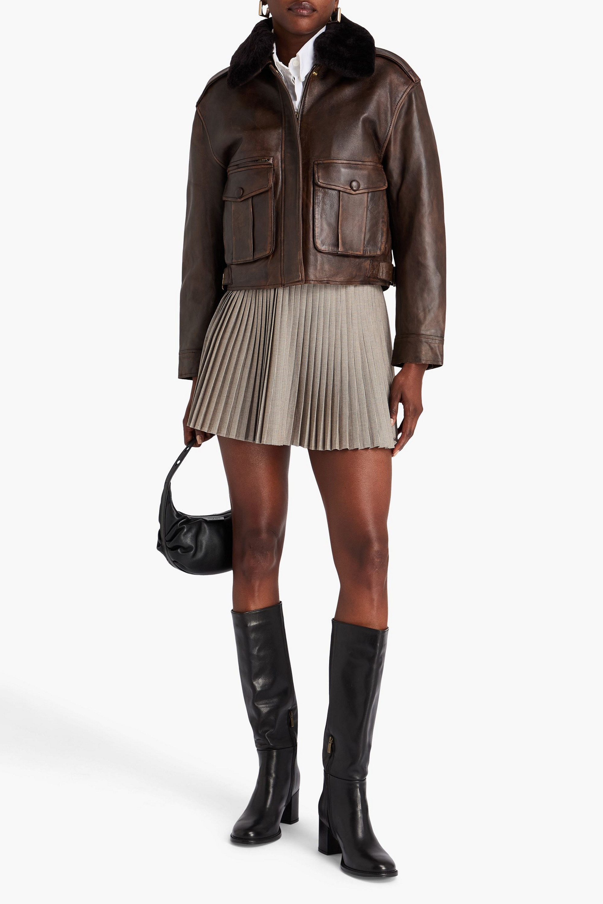 SANDRO Shearling-trimmed leather jacket