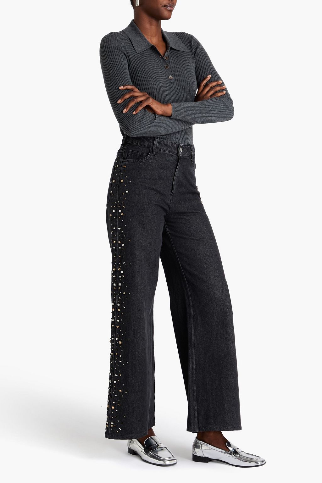 SANDRO Crystal-embellished high-rise wide-leg jeans