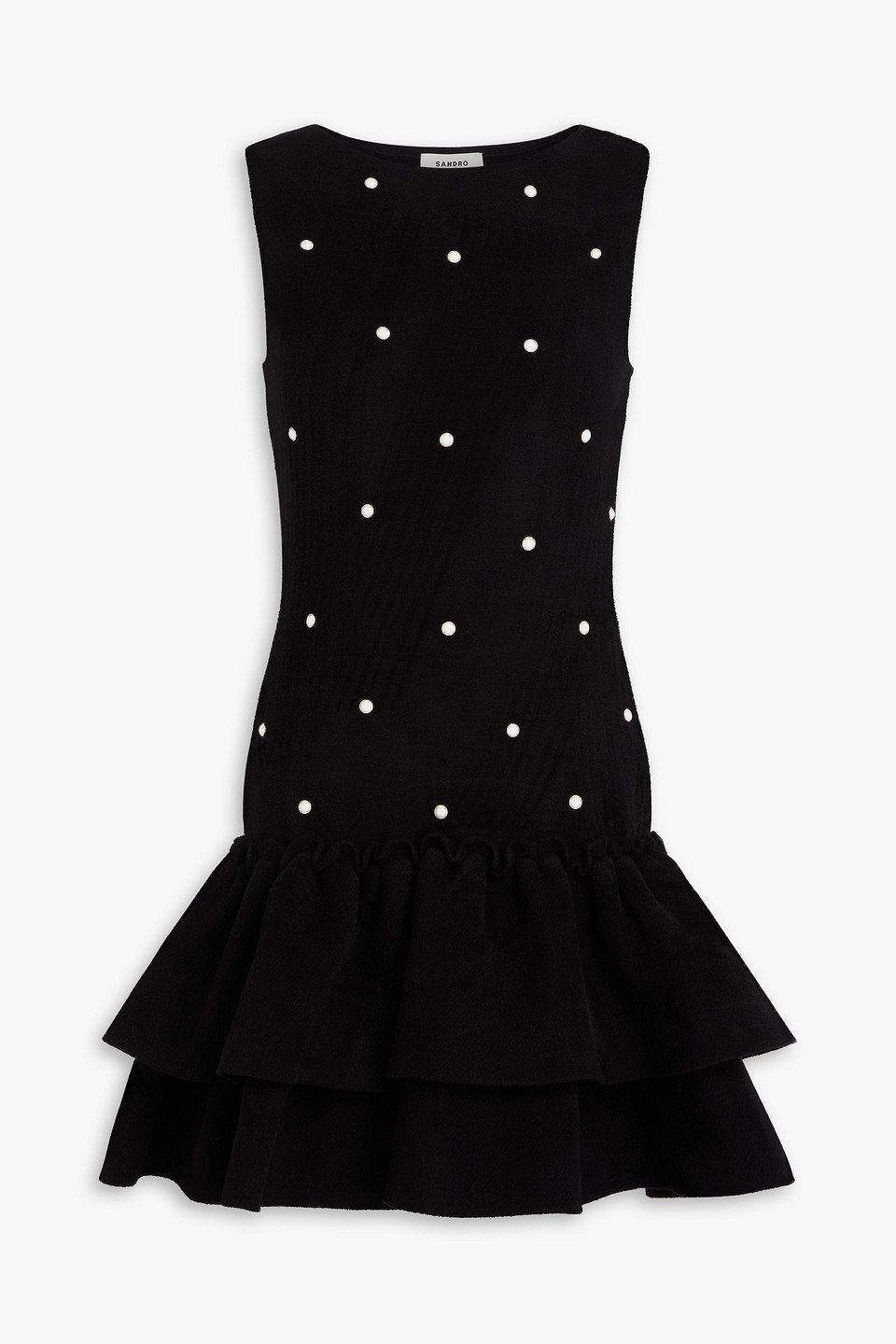 Sandro Ruffled Embellished Velvet Mini Dress In Black