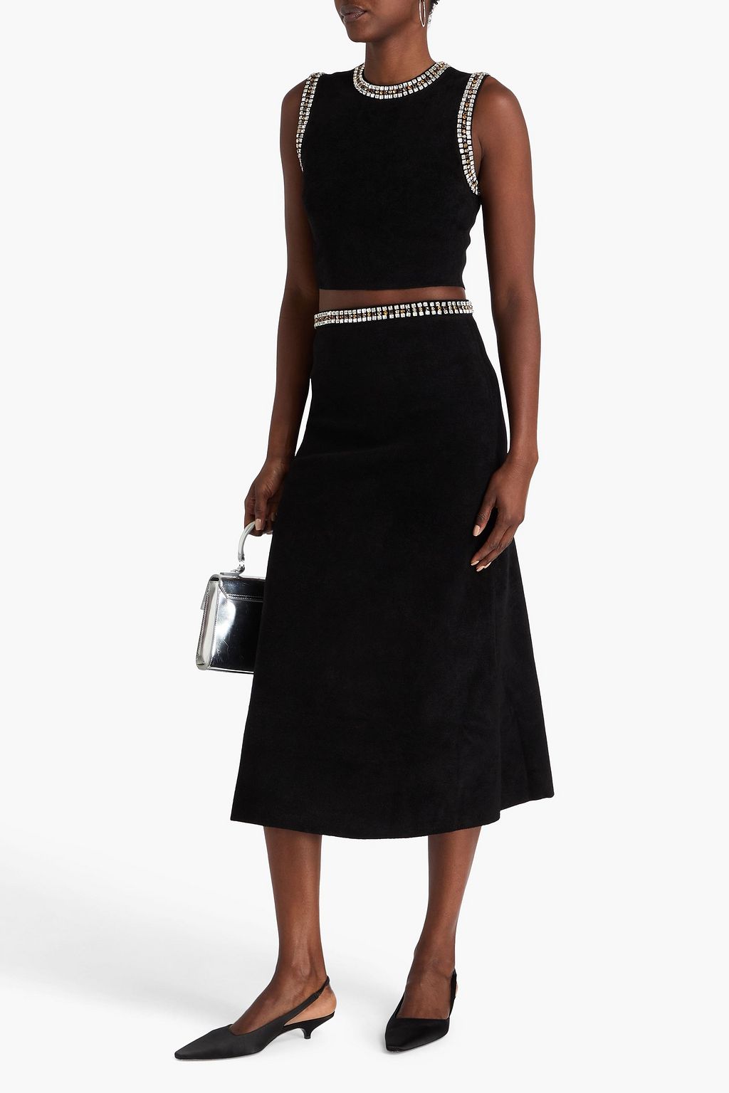 SANDRO Crystal-embellished velour midi skirt