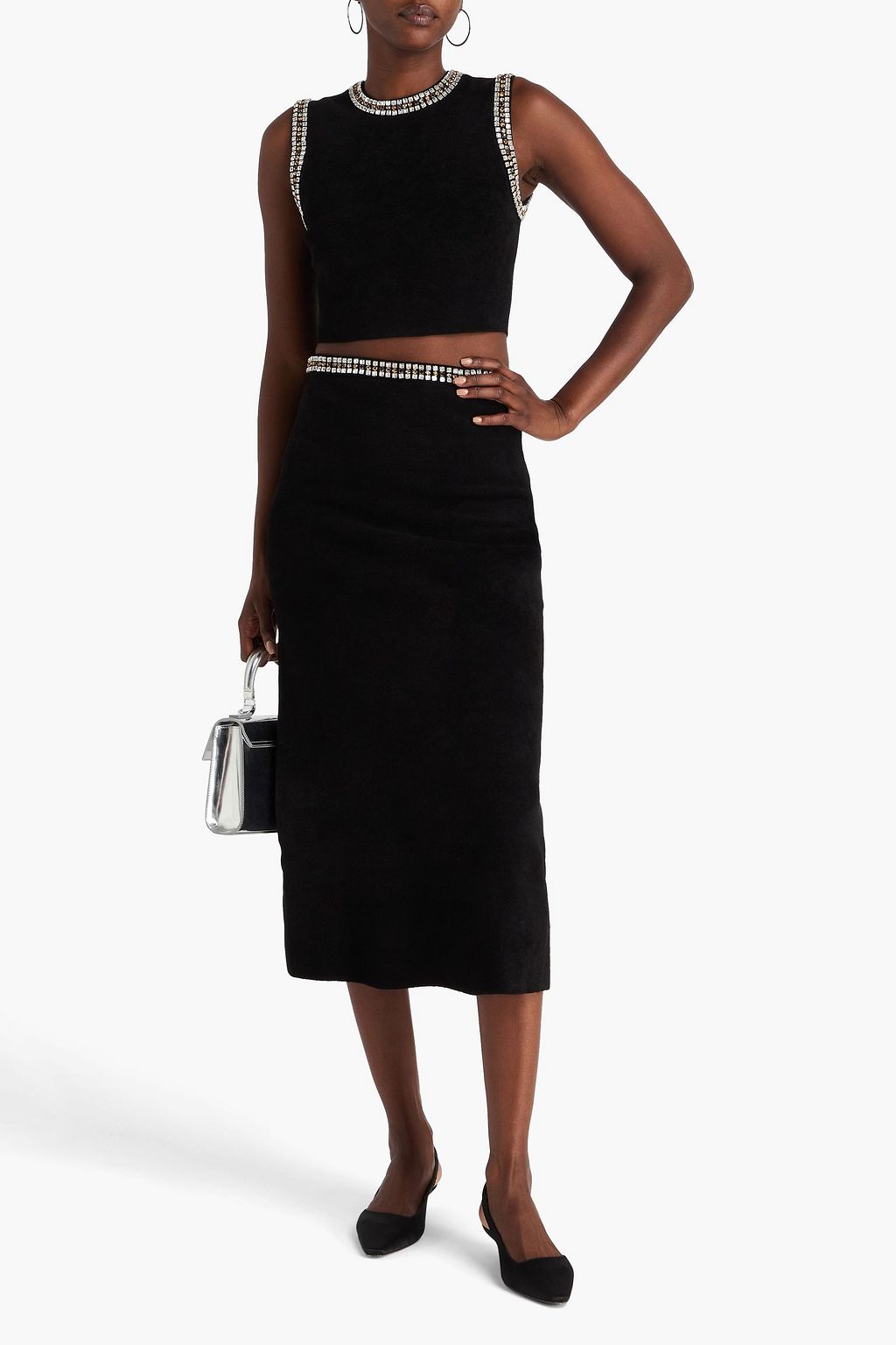 SANDRO Cropped crystal-embellished velour top