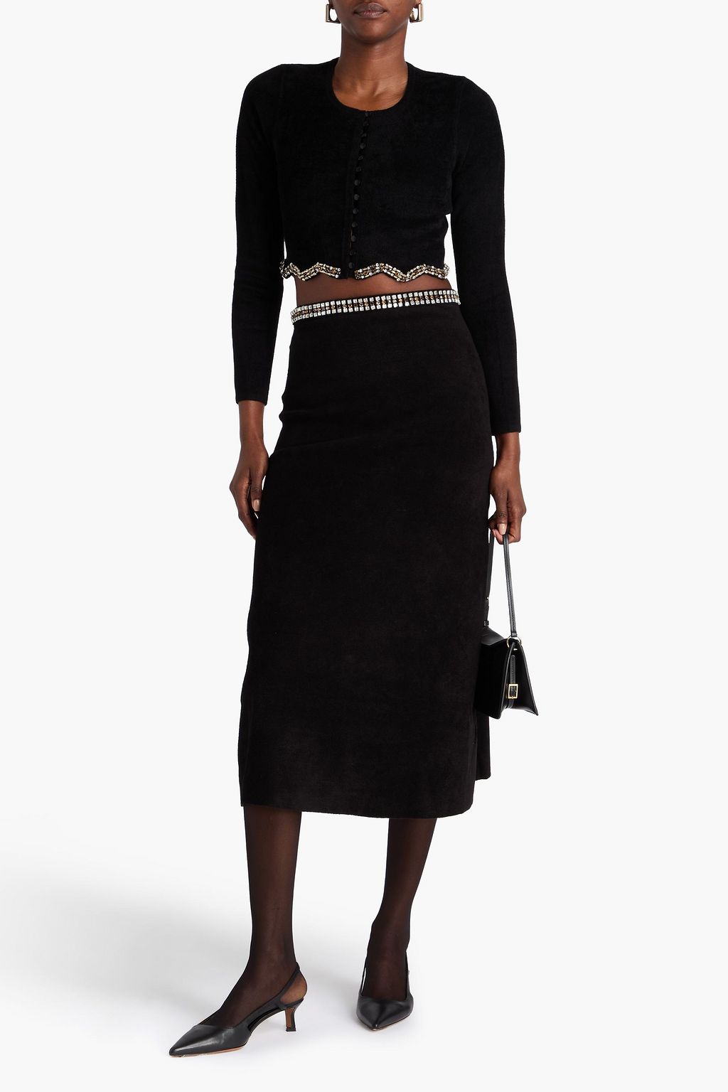 SANDRO Cropped crystal-embellished velvet cardigan