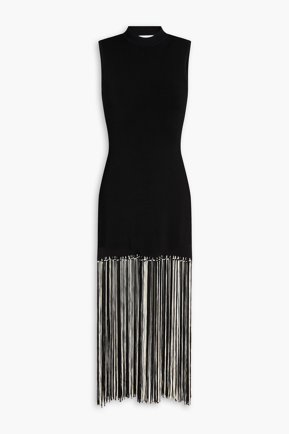 Sandro Fringed Stretch-knit Midi Dress In Black