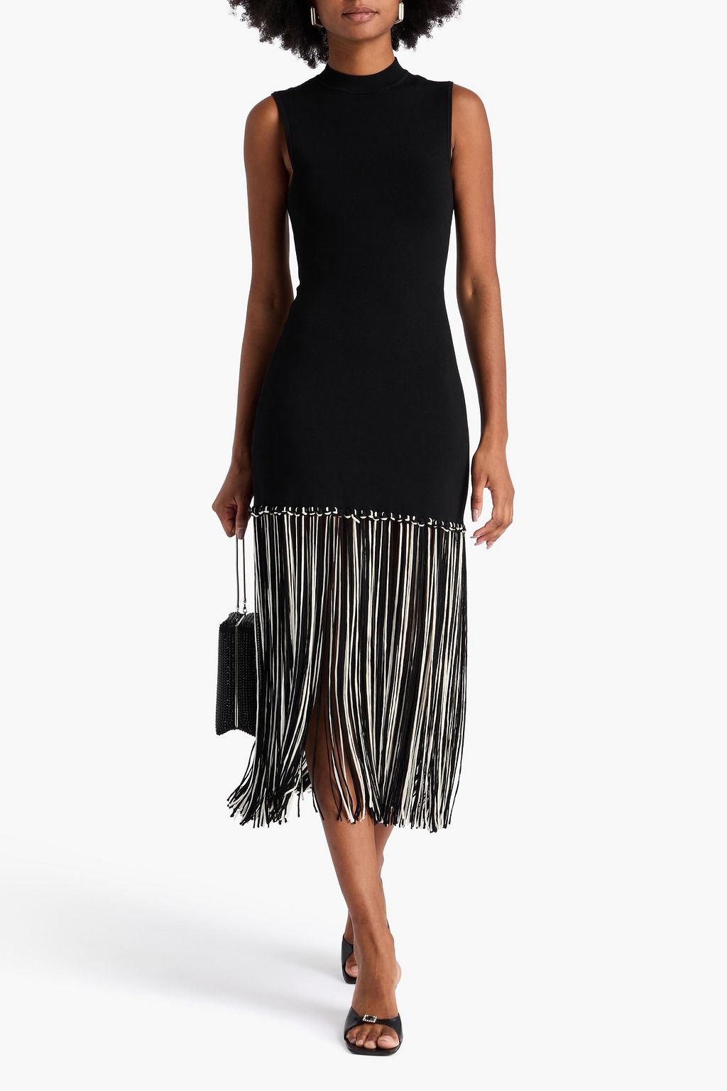 SANDRO Fringed stretch-knit midi dress