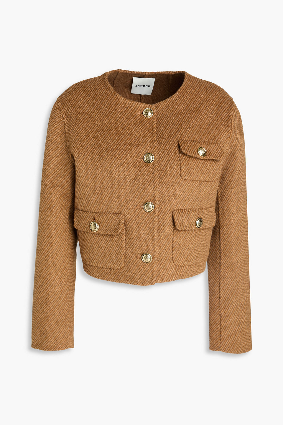 Sandro Cropped Striped Wool-blend Felt Jacket In Brown
