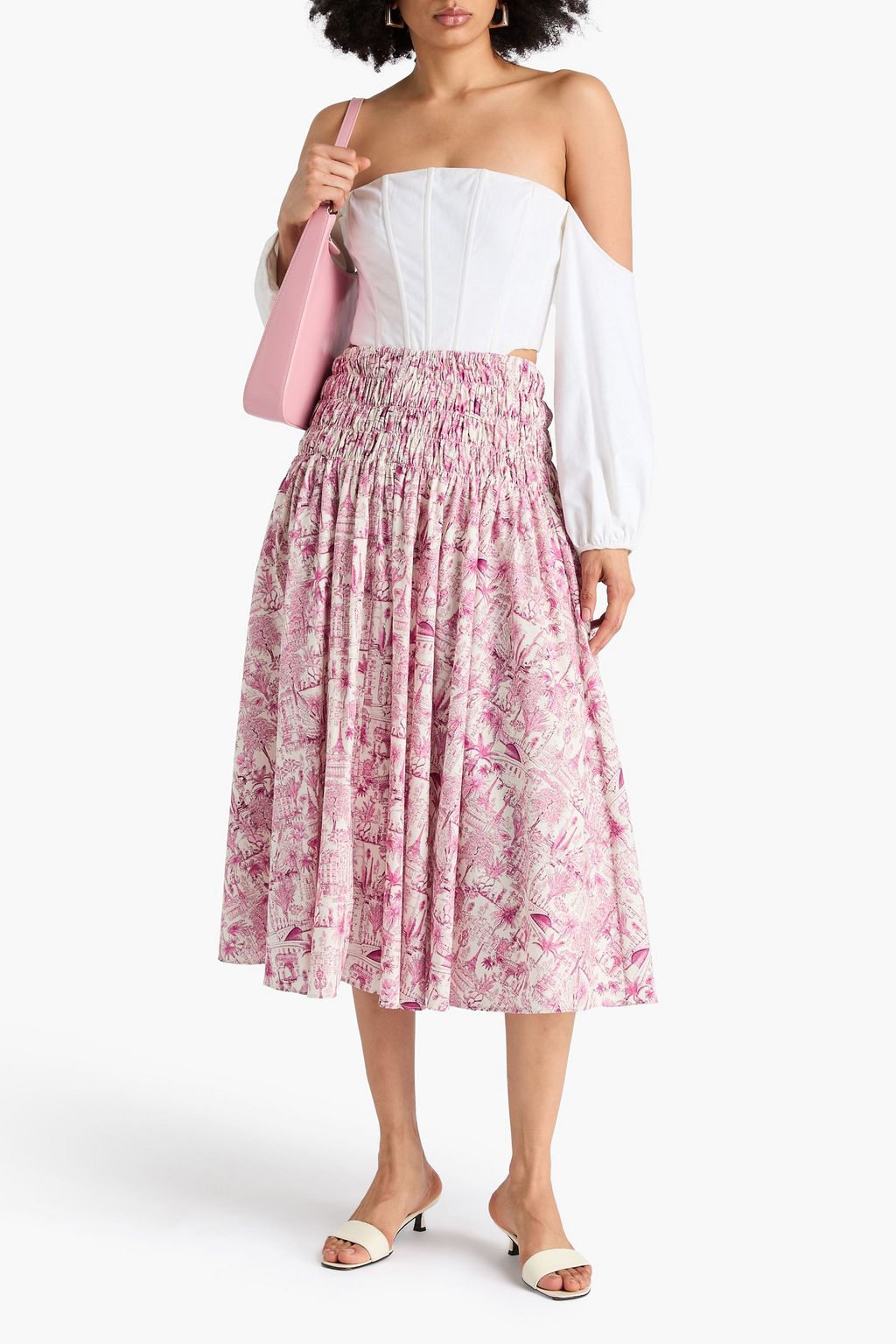MAJE Shirred printed cotton midi skirt