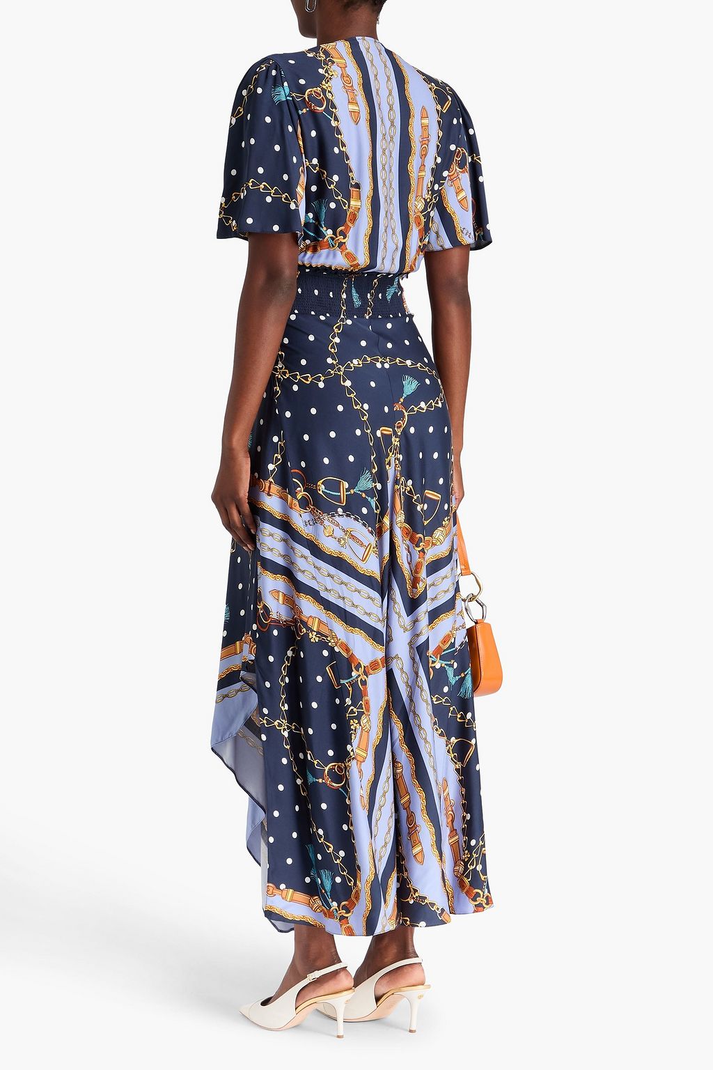 MAJE Ruched printed crepe maxi dress