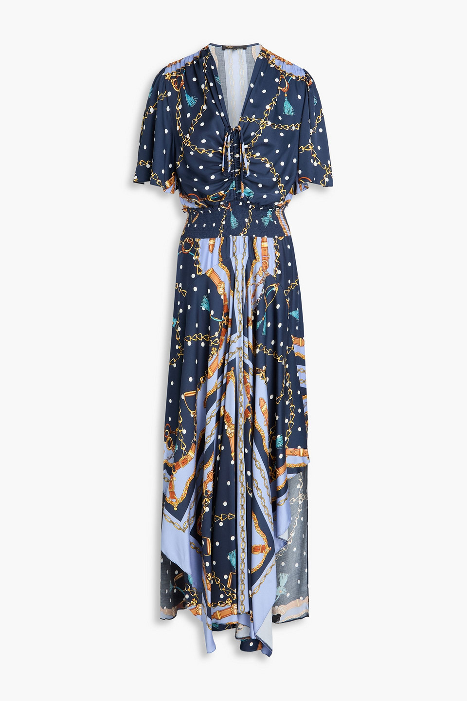 maje - ruched printed crepe maxi dress - blue - fr 38