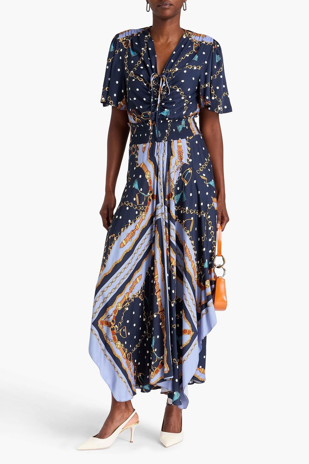 MAJE Ruched printed crepe maxi dress