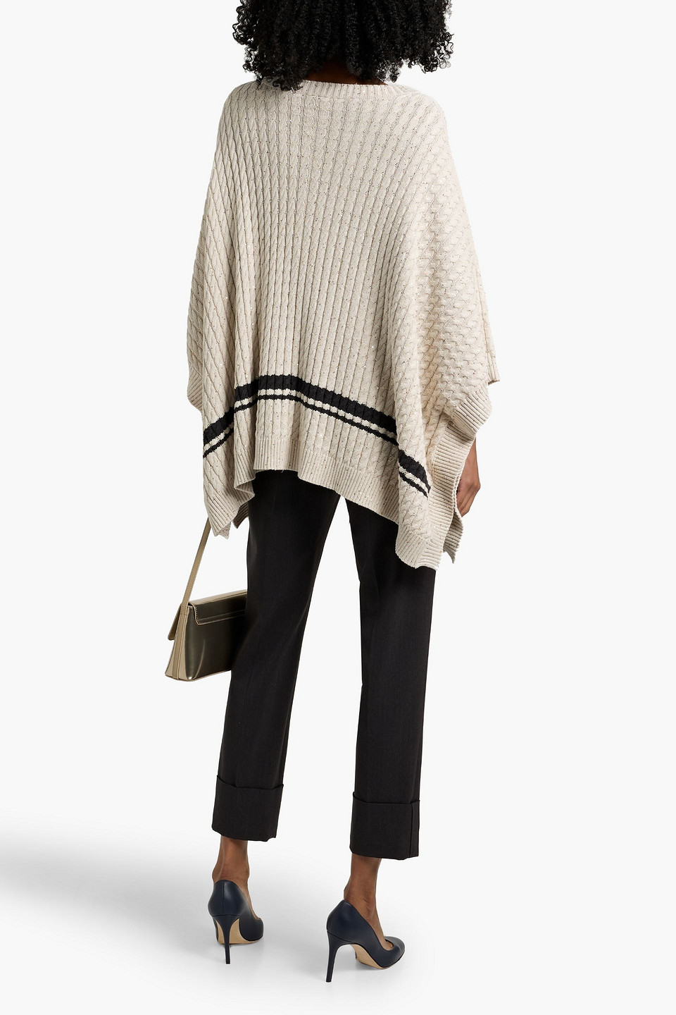 Brunello Cucinelli Sequin-embellished Striped Cable-knit Cotton-blend Poncho In Gold