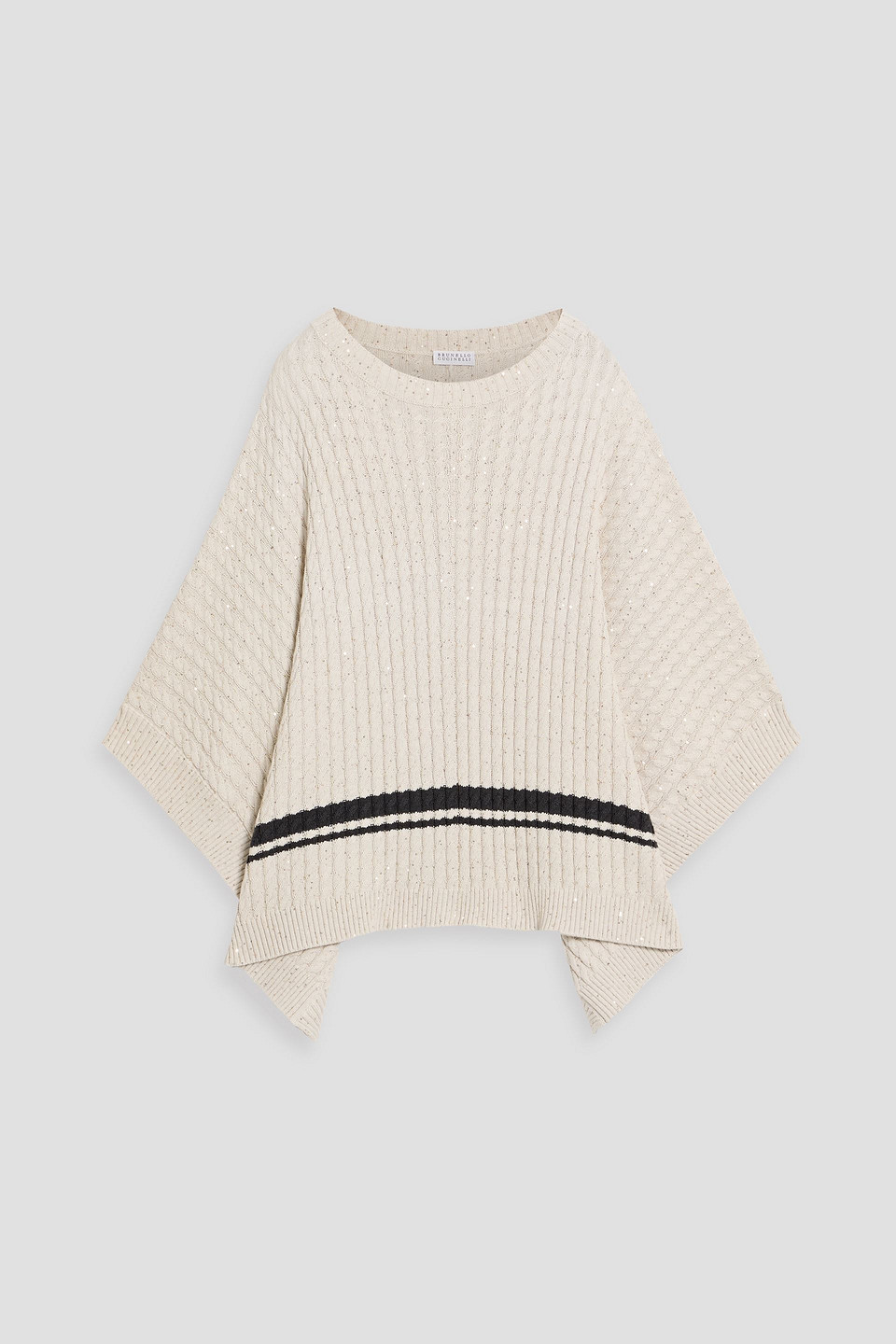 Brunello Cucinelli Sequin-embellished Striped Cable-knit Cotton-blend Poncho In Gold