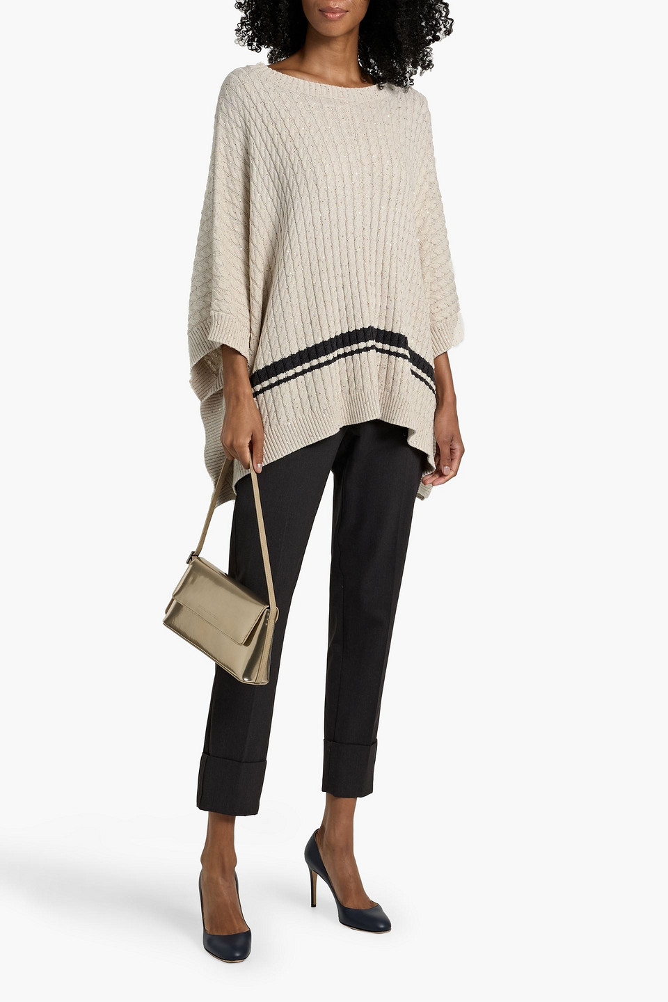 Brunello Cucinelli Sequin-embellished Striped Cable-knit Cotton-blend Poncho In Gold