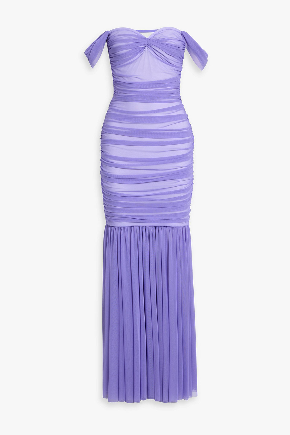 Off-the-shoulder ruched mesh gown