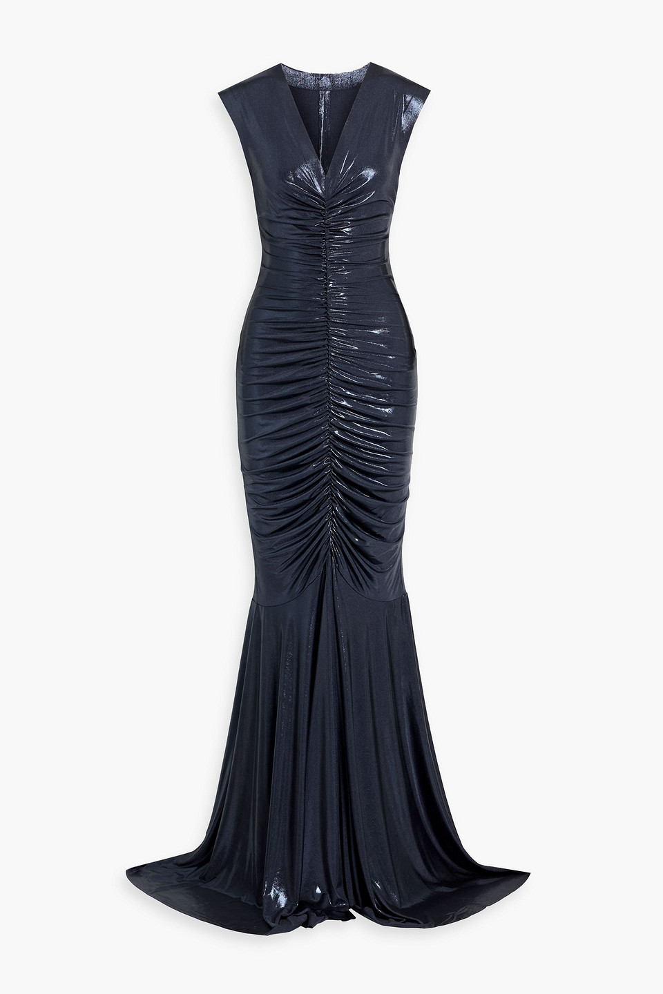 Norma Kamali Ruched Lamé Gown In Blue