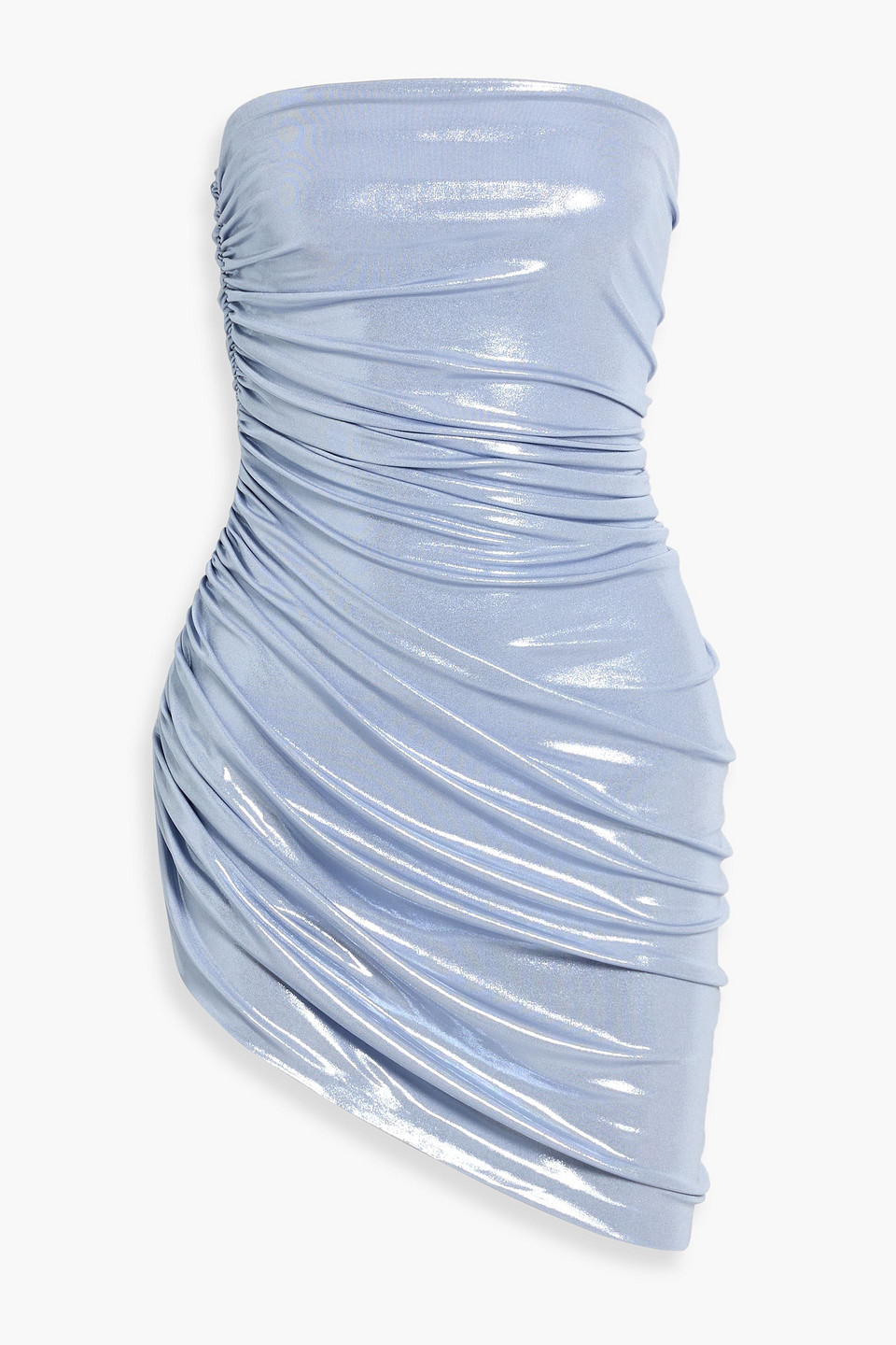 Norma Kamali Diana Pickleball Strapless Ruched Lamé Mini Dress In Blue