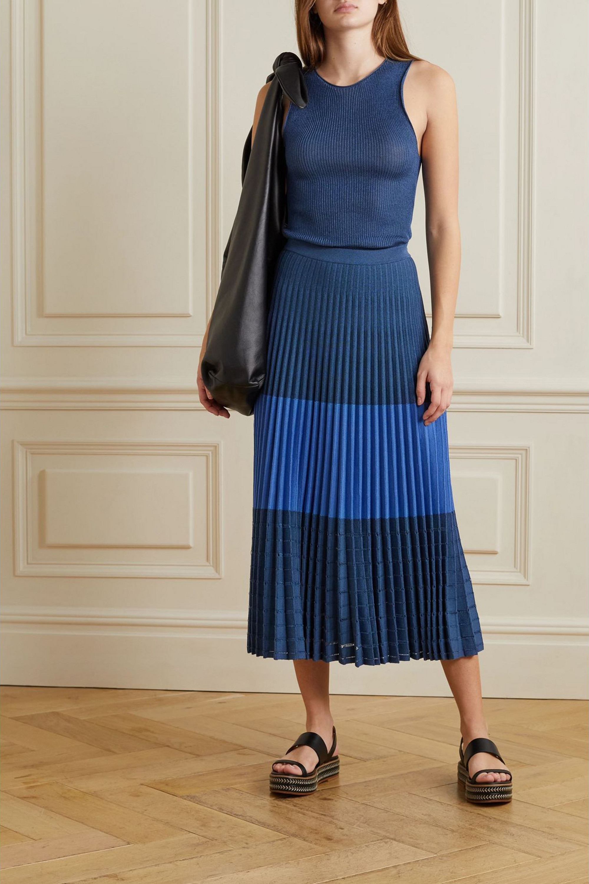 PARTOW Jade striped pleated crochet-knit cotton-blend midi skirt