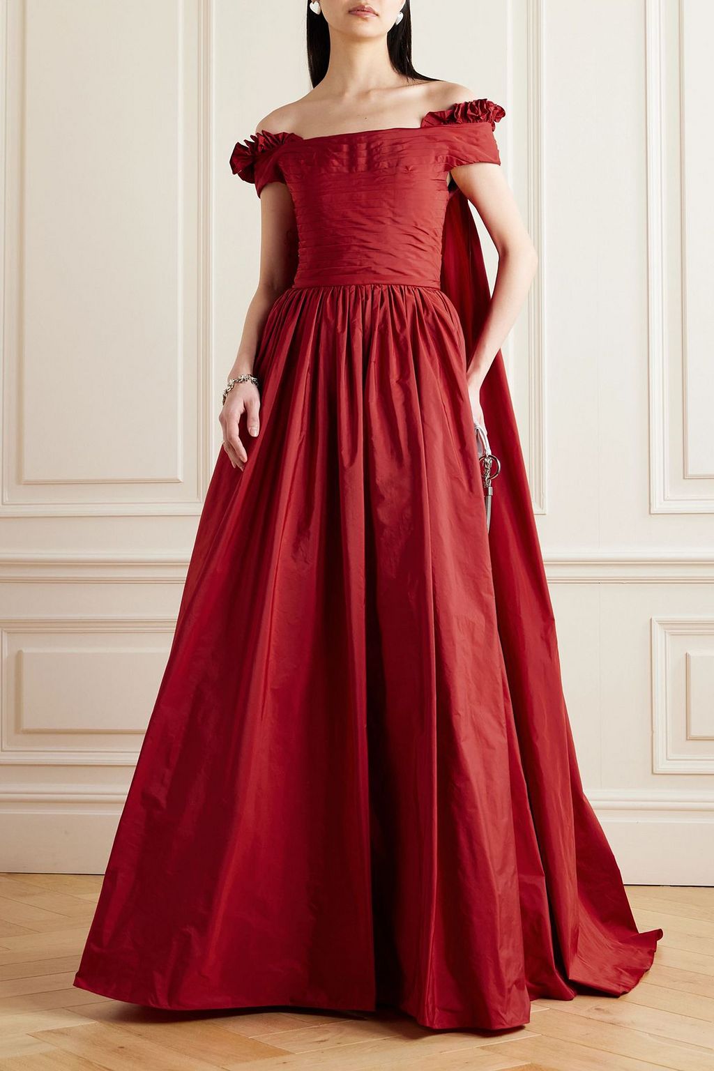 ELIE SAAB Off-the-shoulder cape-effect pleated taffeta gown