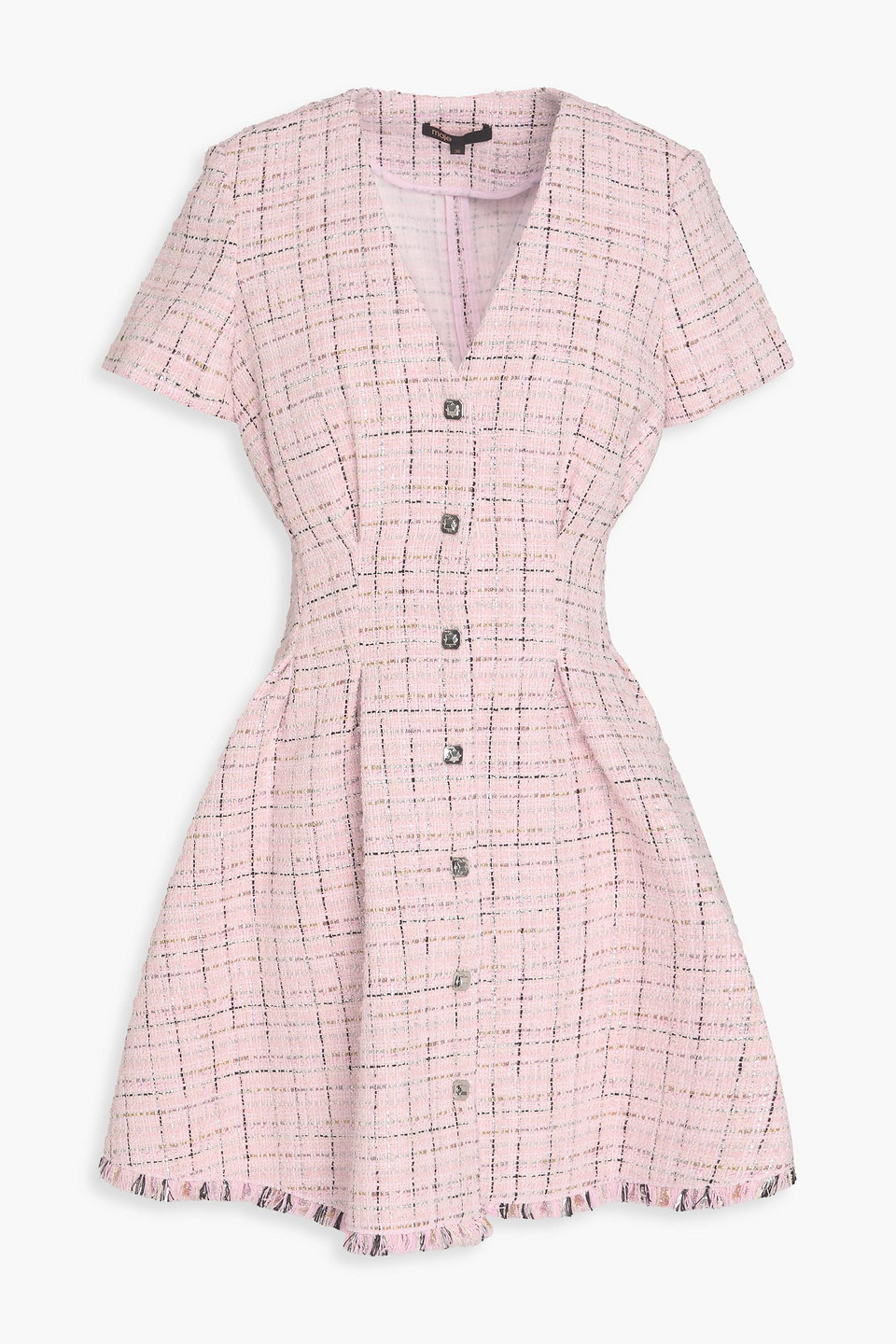 maje - checked metallic tweed mini shirt dress - pink - fr 36