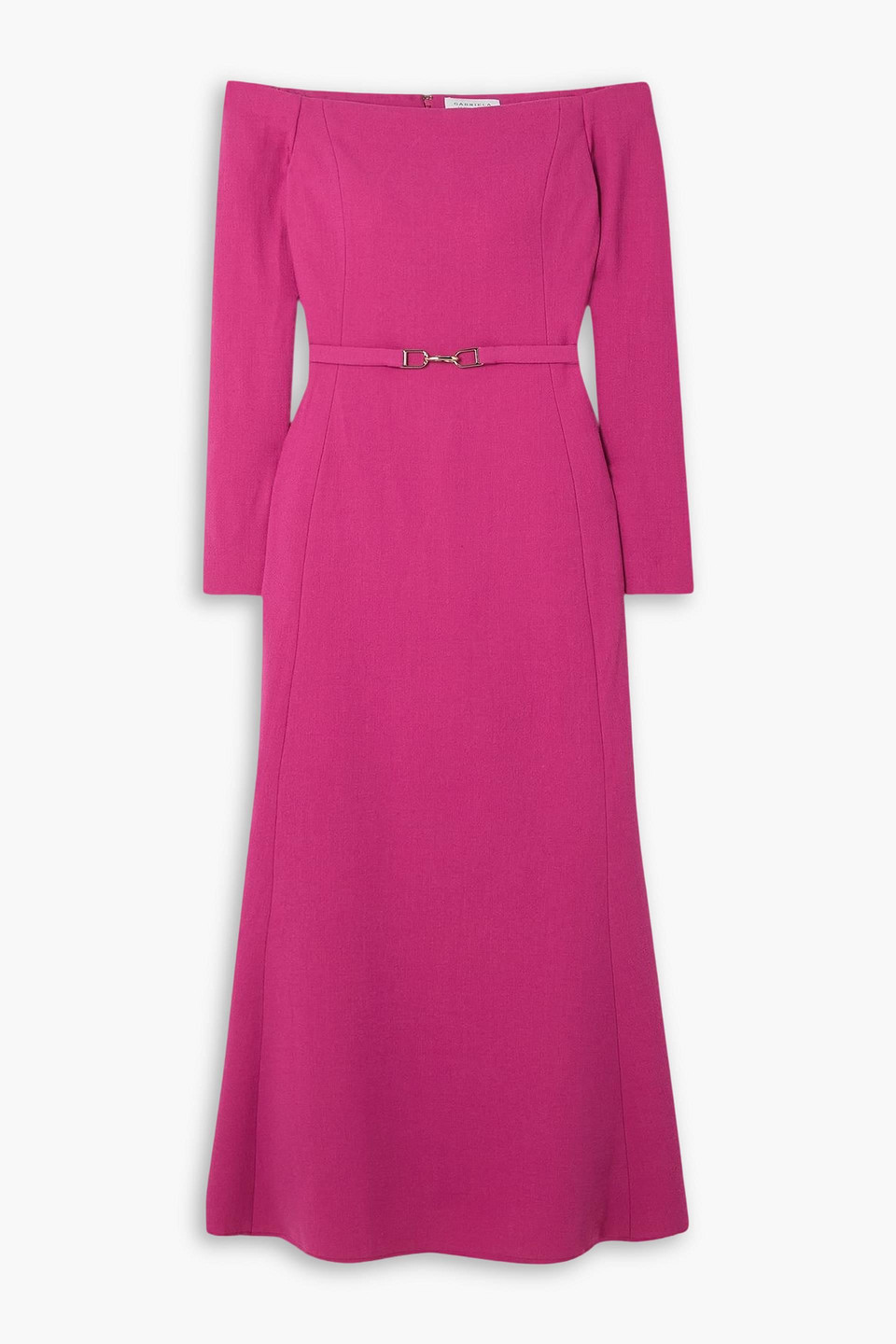 Carole off-the-shoulder belted wool-crepe dress