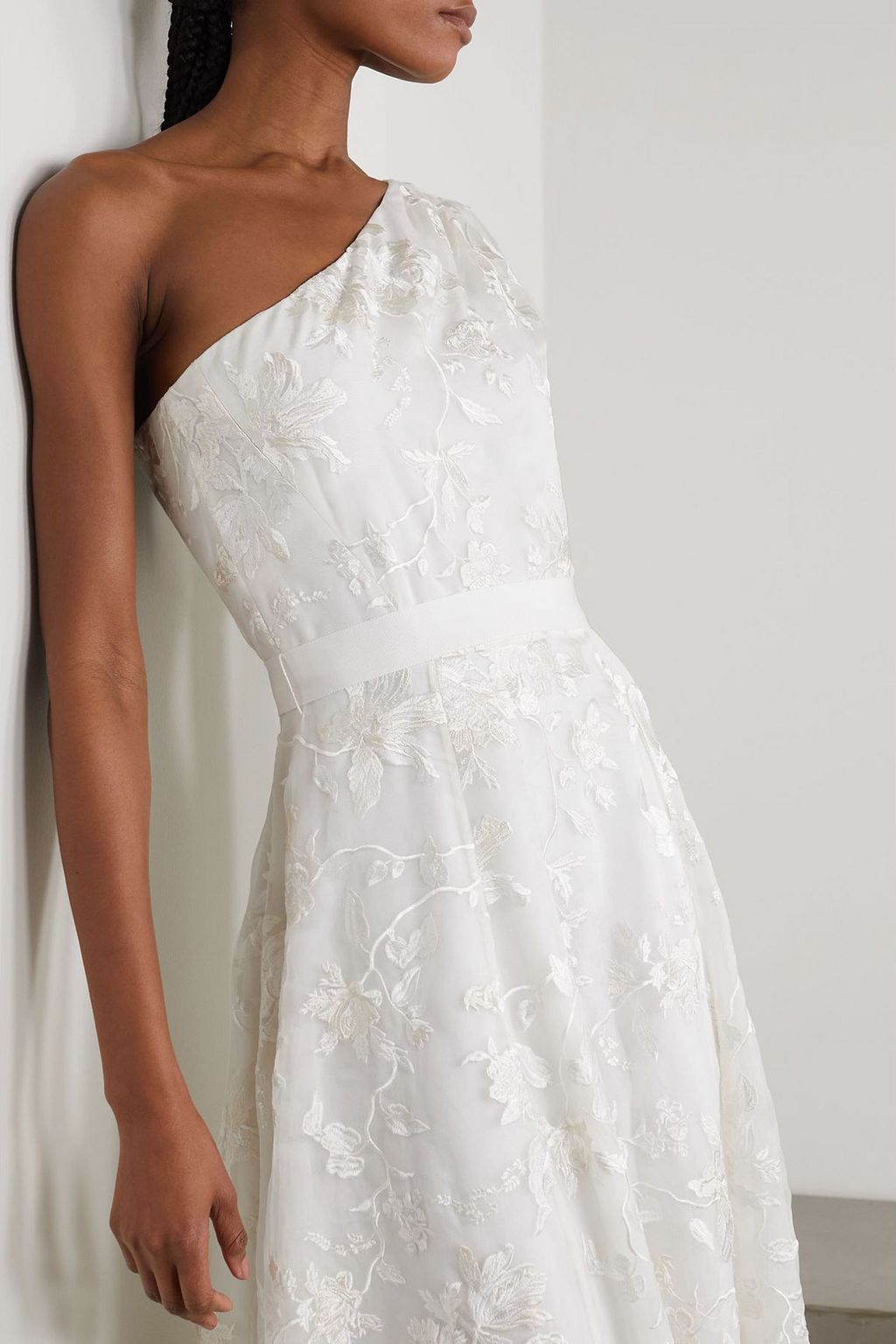 ERDEM One-shoulder poplin-trimmed embroidered organza gown