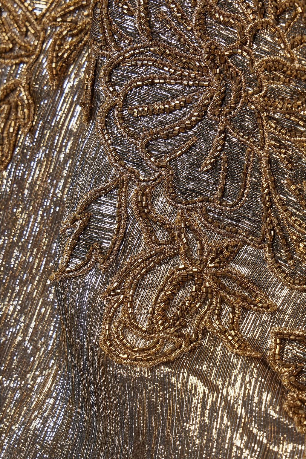 OSCAR DE LA RENTA ラメ入りシルク混 ケープ風ロングドレス チュールトリム 刺繍入り