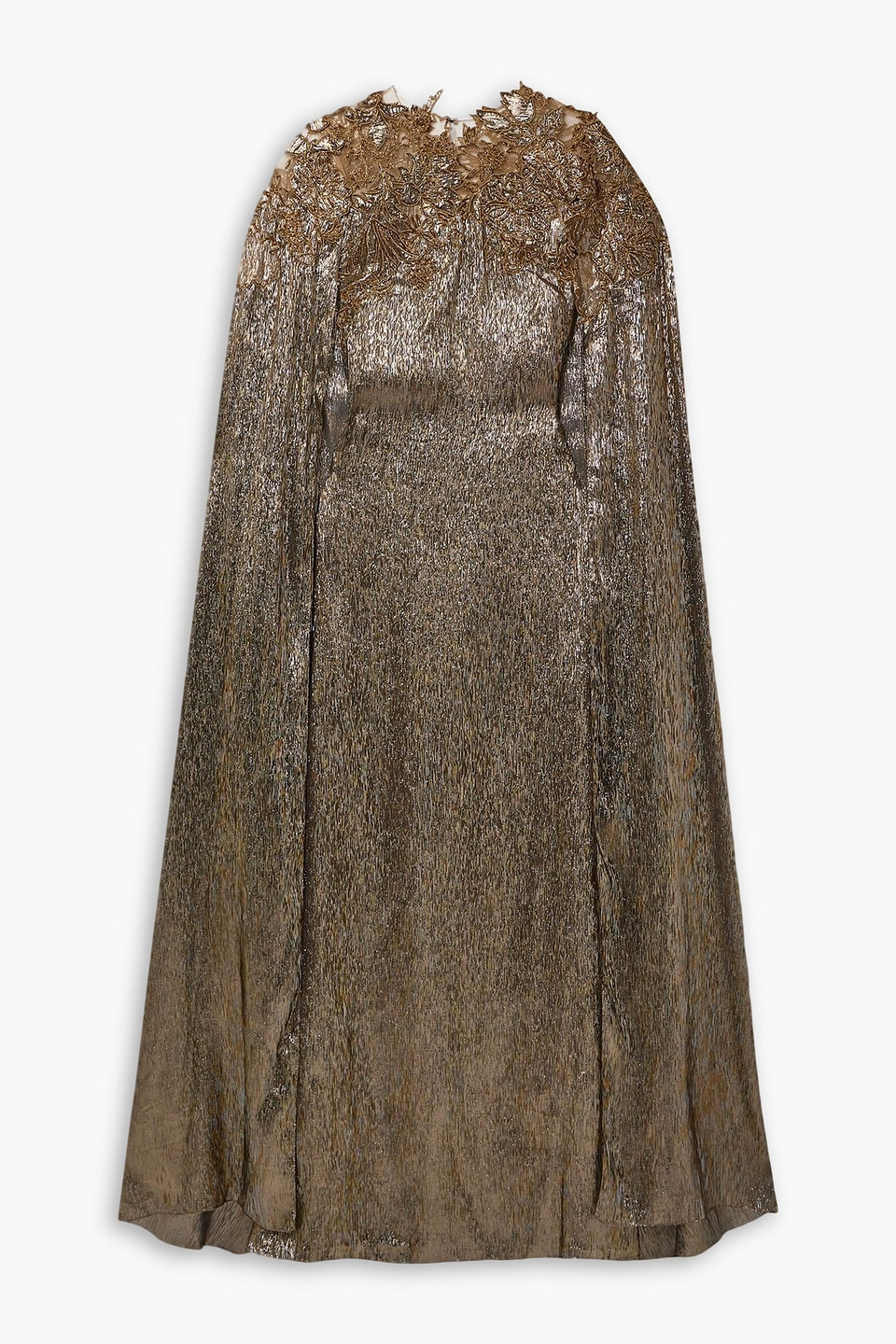 Oscar De La Renta Robe Aus Lamé Aus Einer Seidenmischung Mit Tüll-besätzen, Stickereien, Verzierungen Und Cape-effekt In Gold