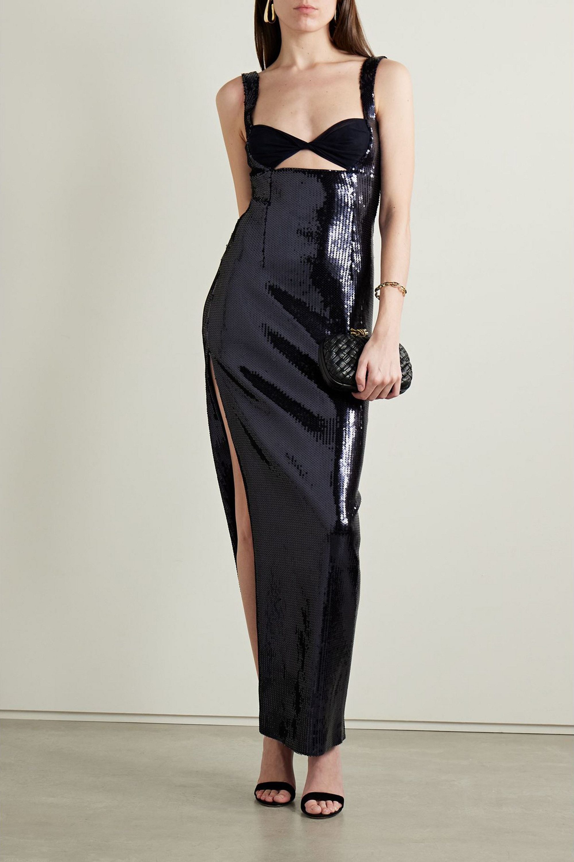 GALVAN  LONDON Liquid twist-front cutout sequined tulle gown