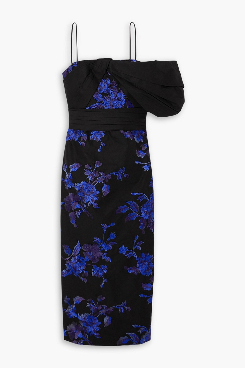 Erdem One-shoulder Embroidered Cotton-faille Midi Dress In Black