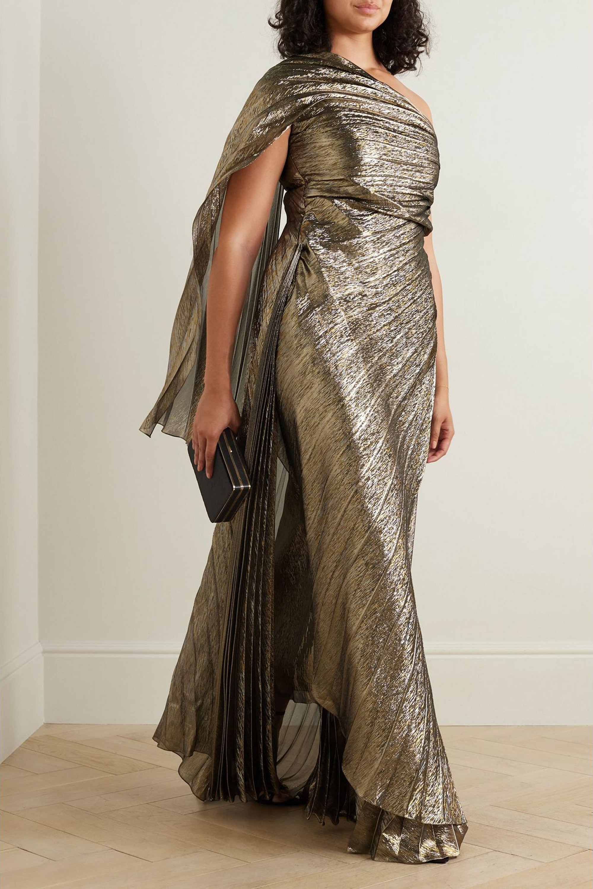 Oscar de la Renta One-shoulder gathered silk-blend lamé gown