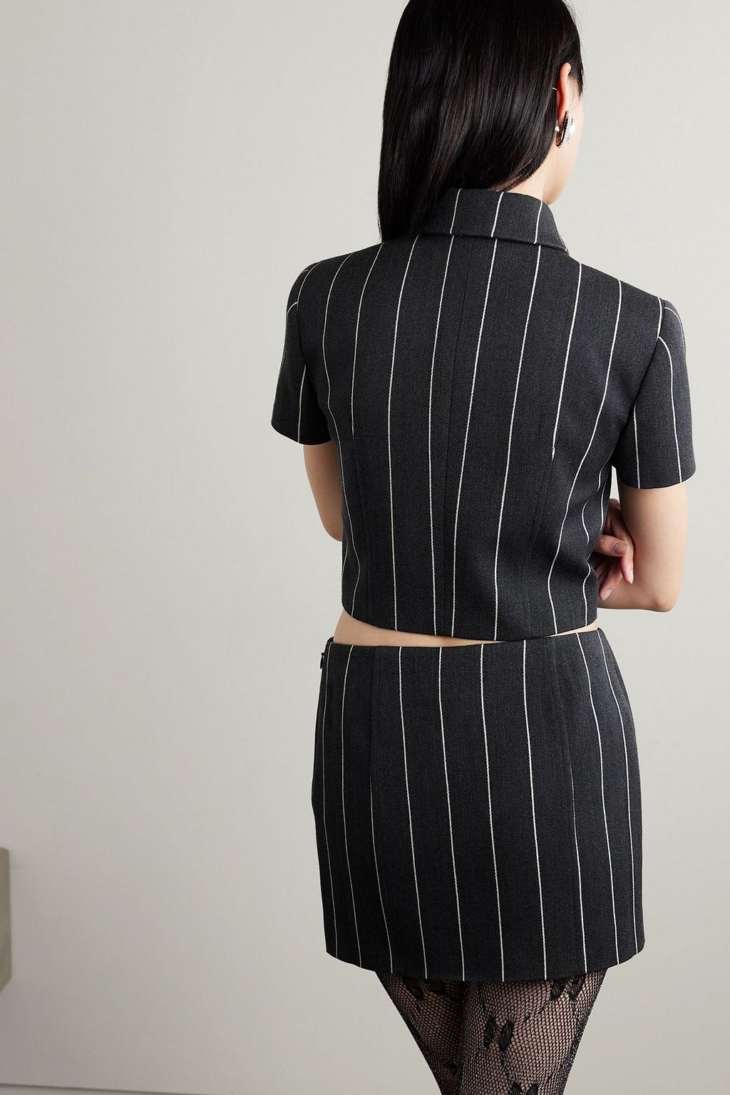 ALESSANDRA RICH Cropped bow-detailed cutout pinstriped wool-blend jacket