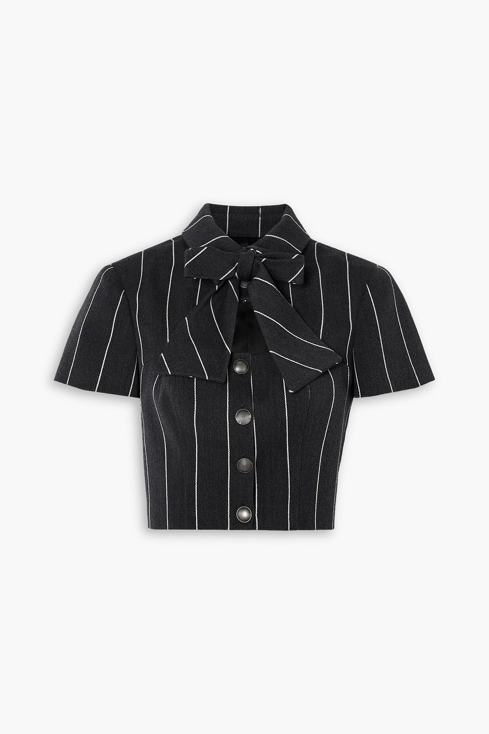 Alessandra Rich Cropped Bow-detailed Cutout Pinstriped Wool-blend Jacket In Gray