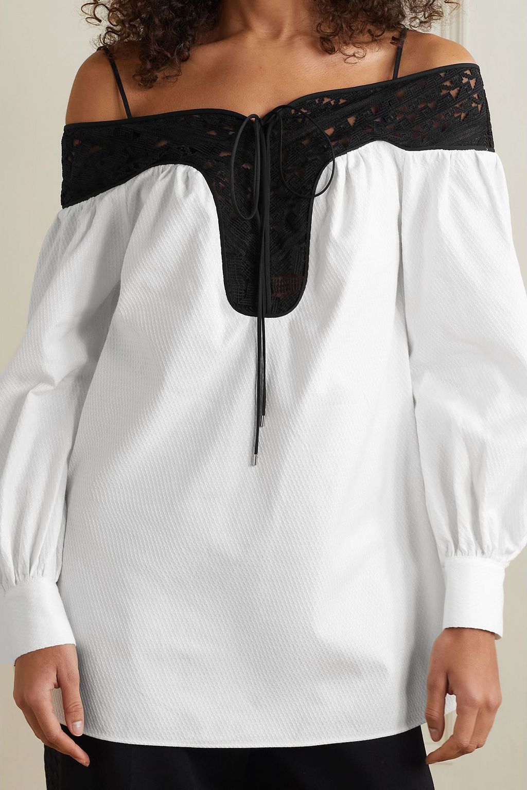 GABRIELA HEARST Augustin cold-shoulder lace-trimmed embroidered cotton blouse