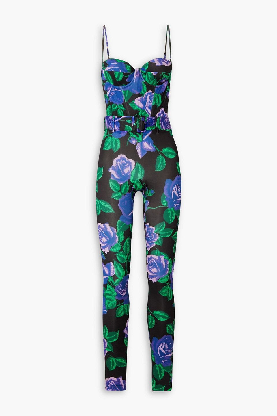 Richard Quinn Belted Floral-print Stretch-satin Jumpsuit In Purple