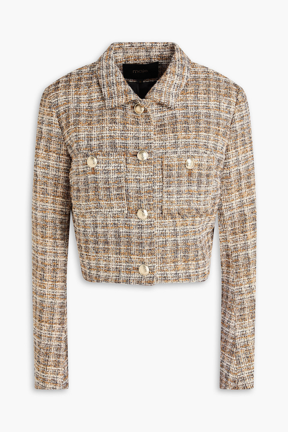 Maje Cropped Tweed Jacket In Brown