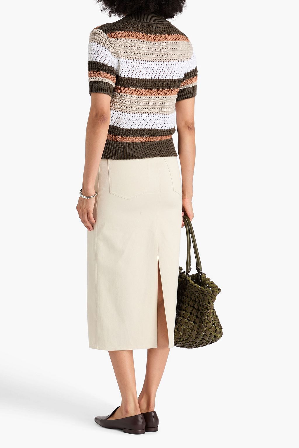 COTTON BY AUTUMN CASHMERE Striped crocheted cotton polo sweater