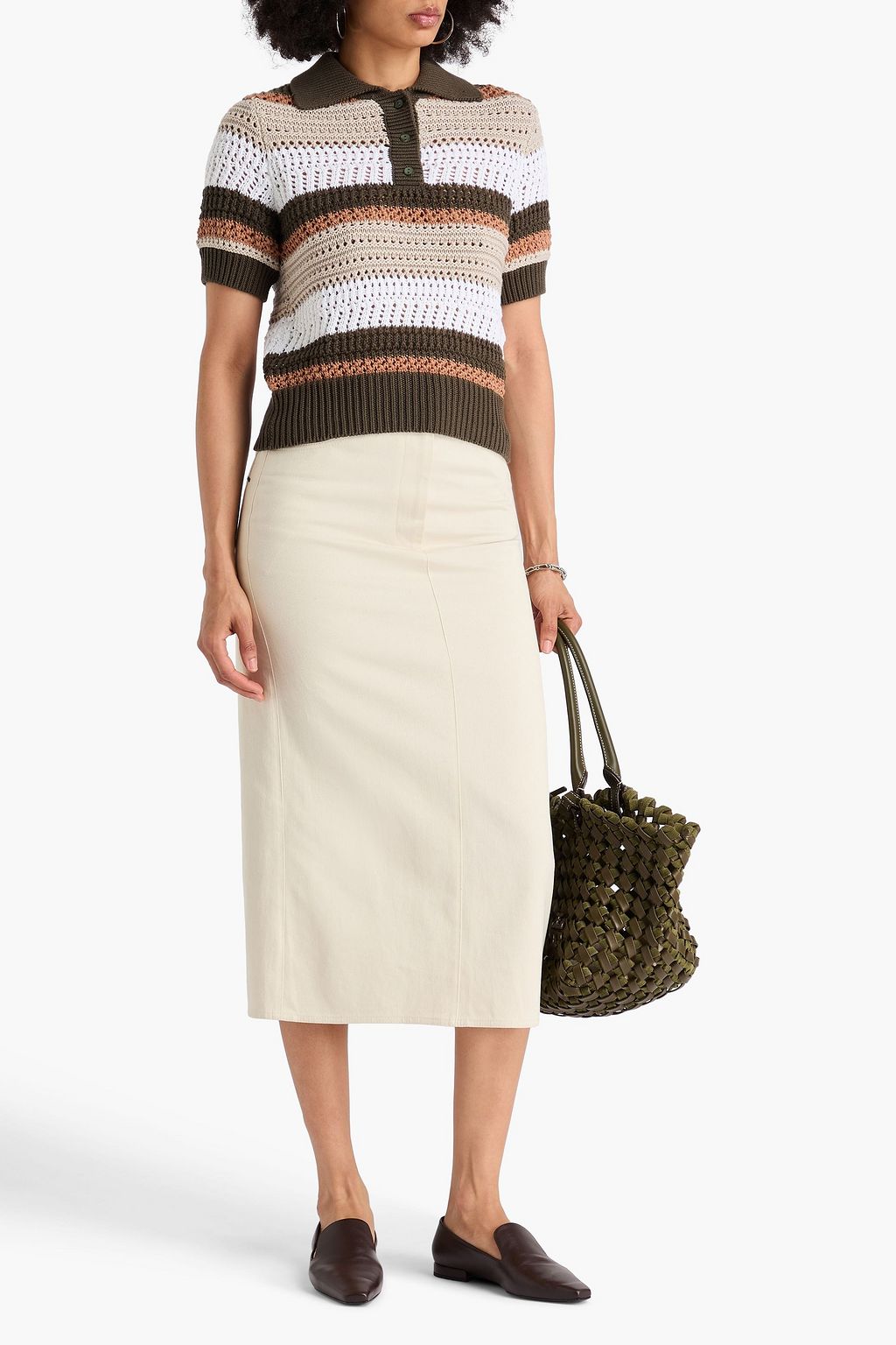 COTTON BY AUTUMN CASHMERE Striped crocheted cotton polo sweater