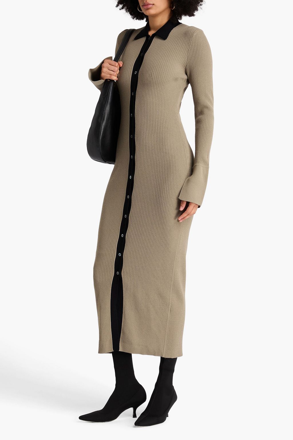 AUTUMN CASHMERE リブ編みニット ミディシャツワンピース バイカラー
