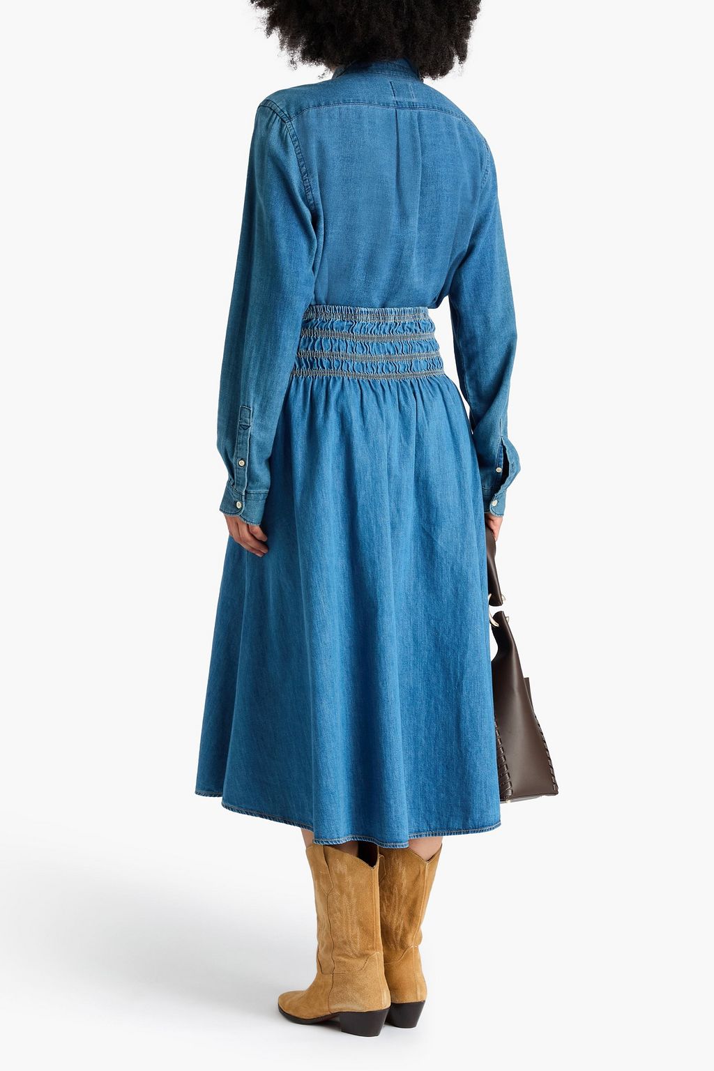 MAJE Shirred denim midi skirt