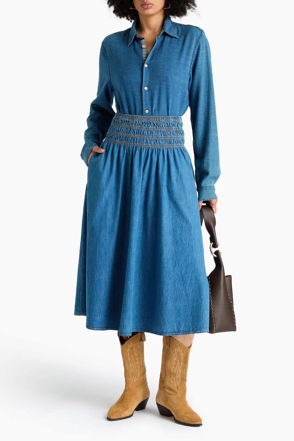 MAJE Shirred denim midi skirt
