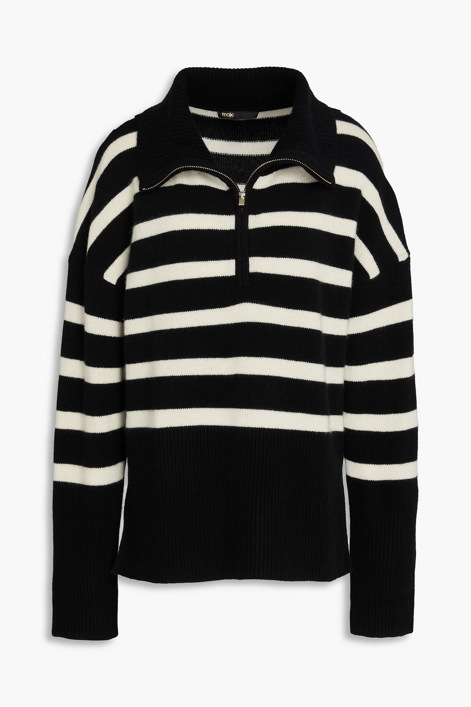 maje - striped cashmere-blend half-zip sweater - black - 0