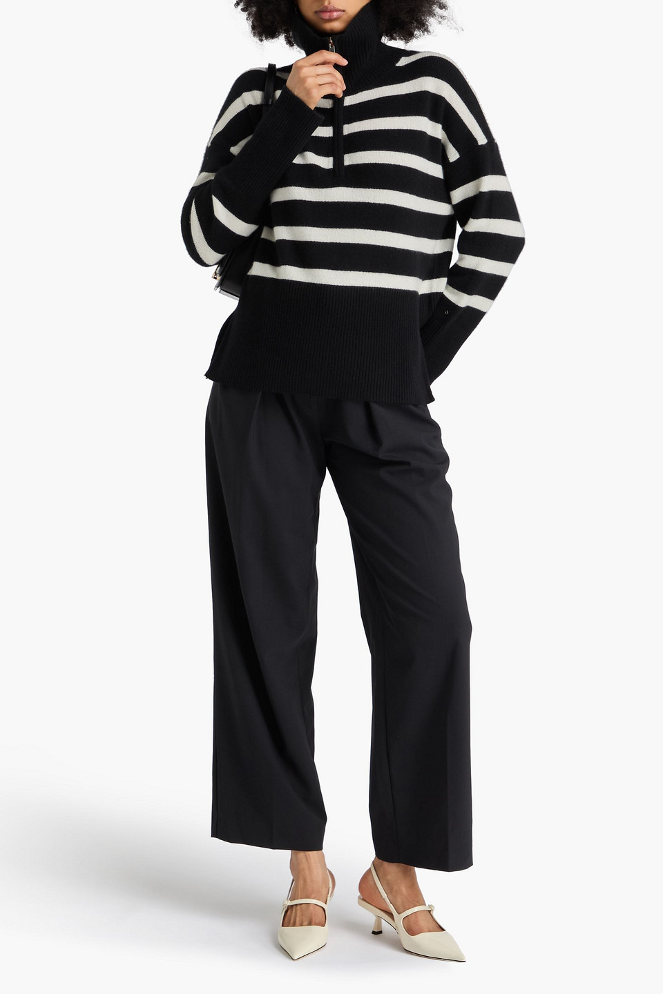  Maje - Striped Cashmere-blend Half-zip Sweater - Black - 1 