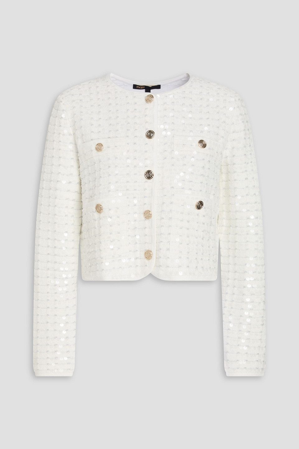 Maje Cropped Sequin-embellished Bouclé-knit Cardigan In White