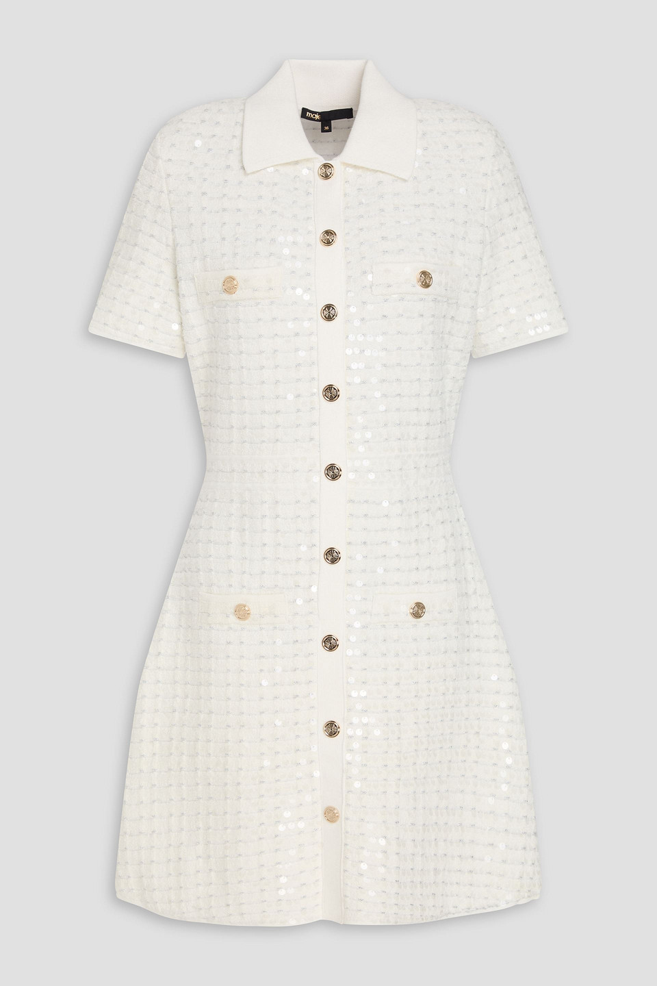 Maje Sequin-embellished Bouclé-knit Mini Dress In White