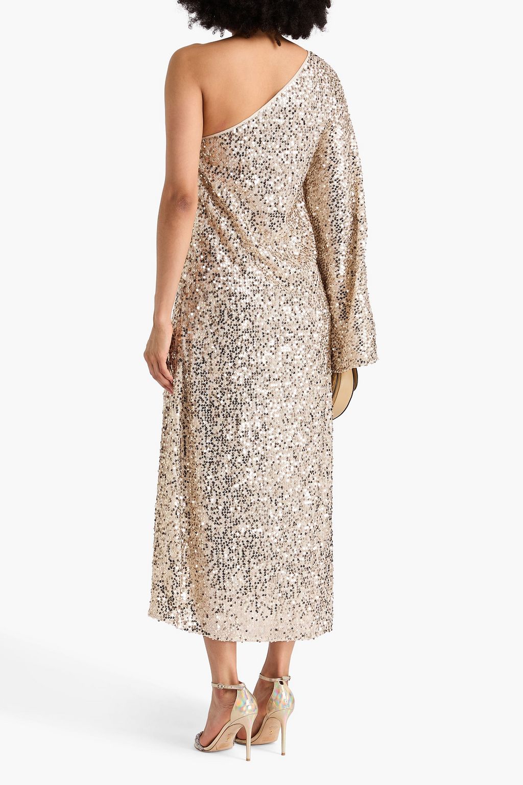 ROTATE BIRGER CHRISTENSEN One-sleeve sequined fishnet maxi dress