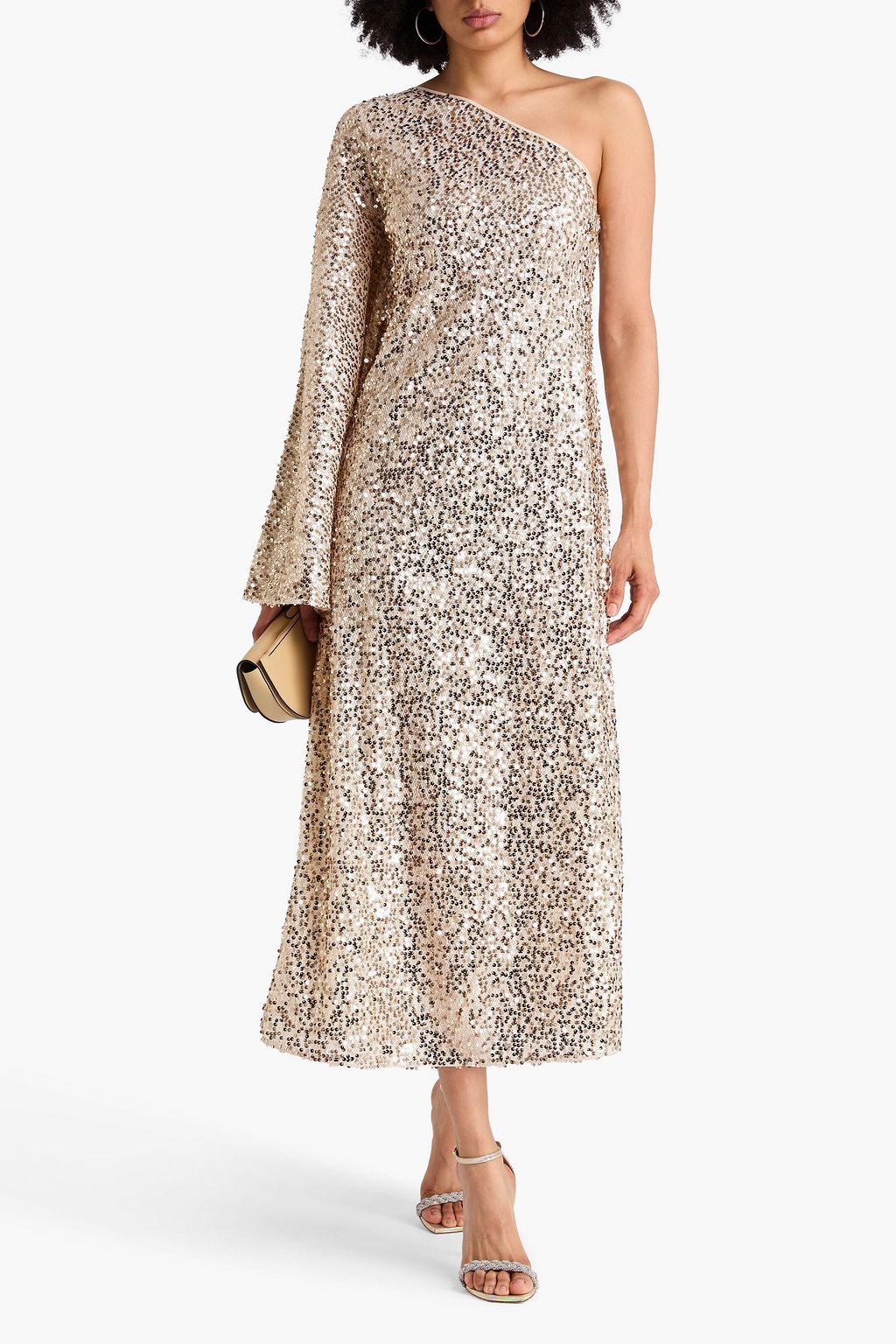 ROTATE BIRGER CHRISTENSEN One-sleeve sequined fishnet maxi dress