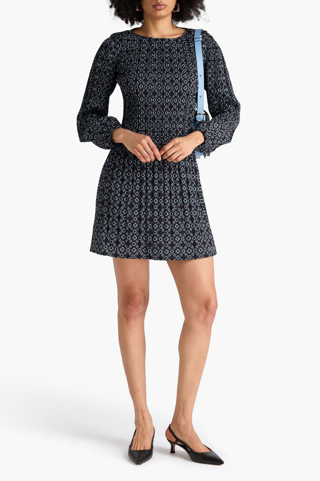 MAJE Printed plissé satin-twill mini dress