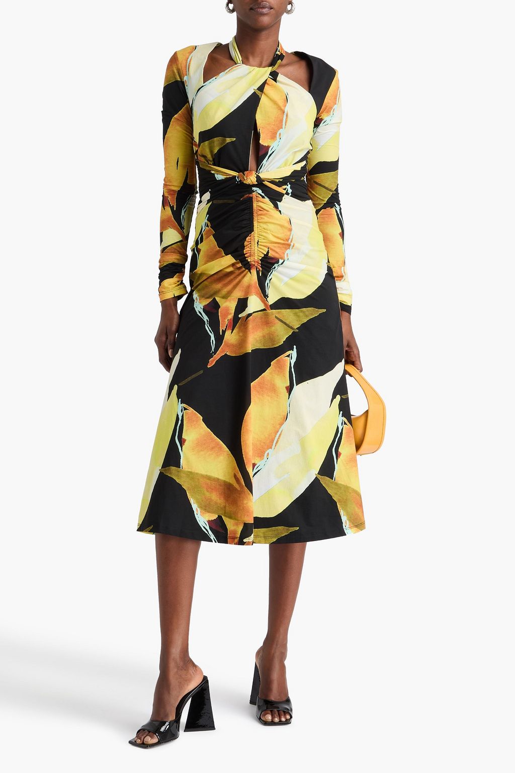 REBECCA VALLANCE Ruched cutout printed stretch-jersey midi dress